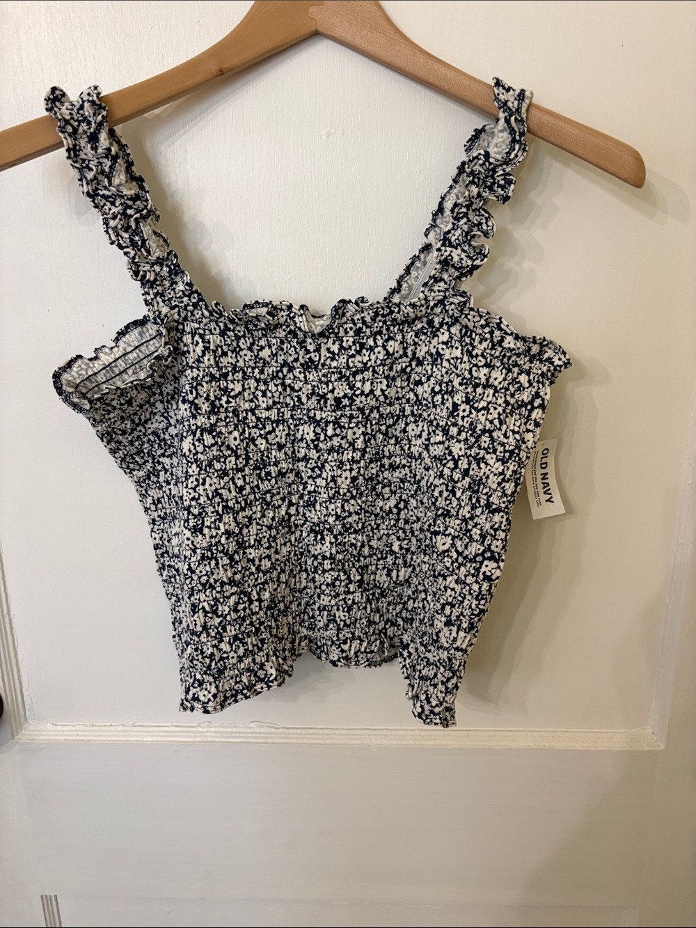 Old Navy Navy and White Floral Smocked Cami with Ruffle Straps